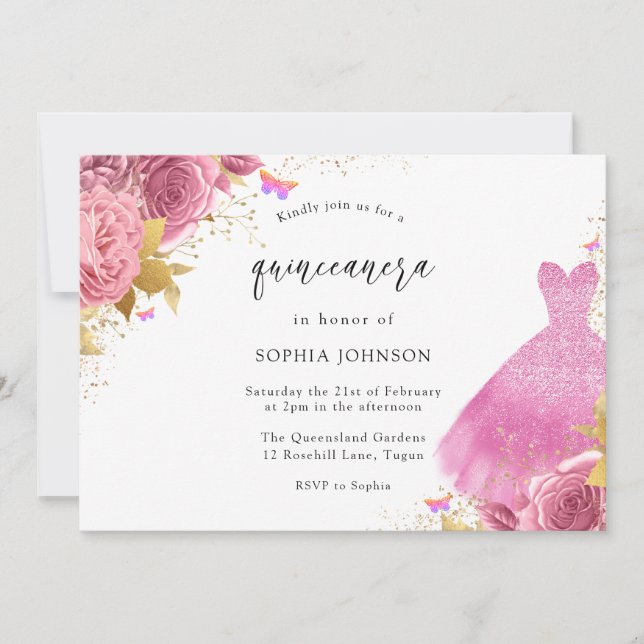 Pink Blush & Gold Sparkle Dress Floral Quinceanera Invitation (Front)