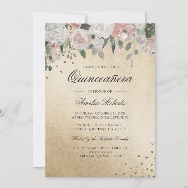 Pink Blush Gold Watercolor Floral Quinceanera Invitation (Front)