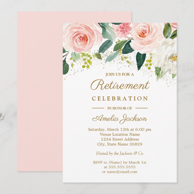 Pink Blush Gold Watercolor Floral Retirement Party Invitation (Front/Back)
