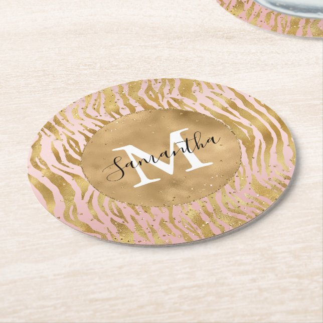 Pink Blush Gold Zebra Print Glitz Sparkle    Round Paper Coaster (Angled)