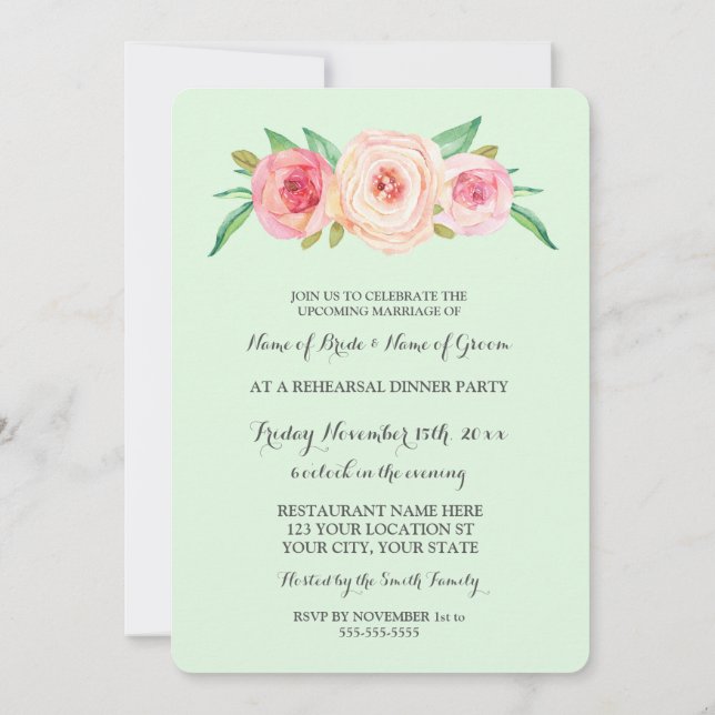 Pink Blush Green Rehearsal Dinner Party Invitation (Back)