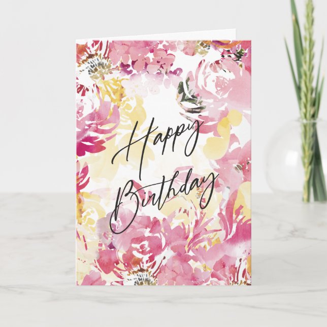 Pink Blush Happy Birthday Watercolor Floral Design Card (Front)