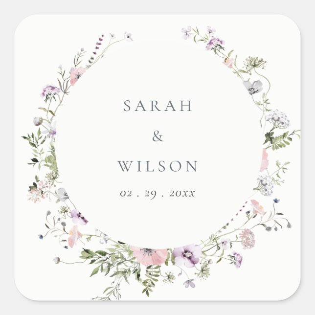 Pink Blush Lilac Wildflower Circle Frame Wedding Square Sticker (Front)