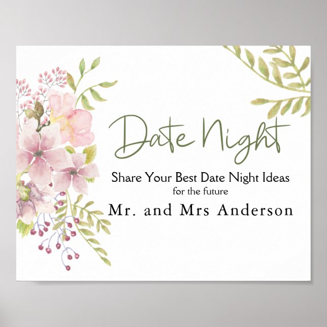 Pink Blush Magnolia Floral Date Night Sign (Front)