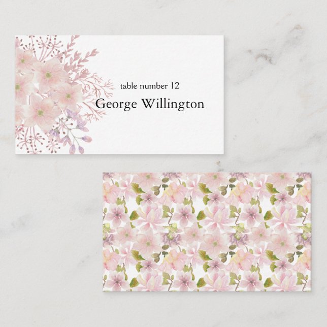 Pink Blush Magnolia Floral Wedding Place Card (Front/Back)
