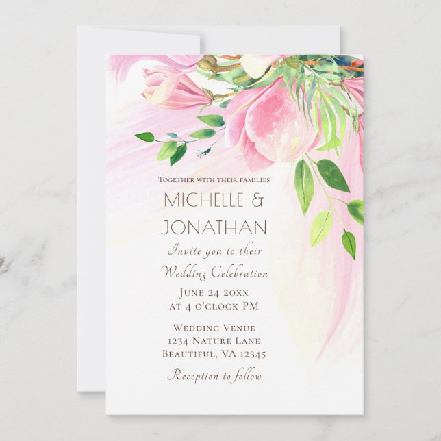 Pink Blush Magnolias Floral Christian Wedding  Invitation (Front)