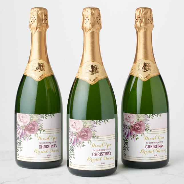 Pink Blush Mauve Floral Gold Geometric Sparkling Wine Label (Bottles)