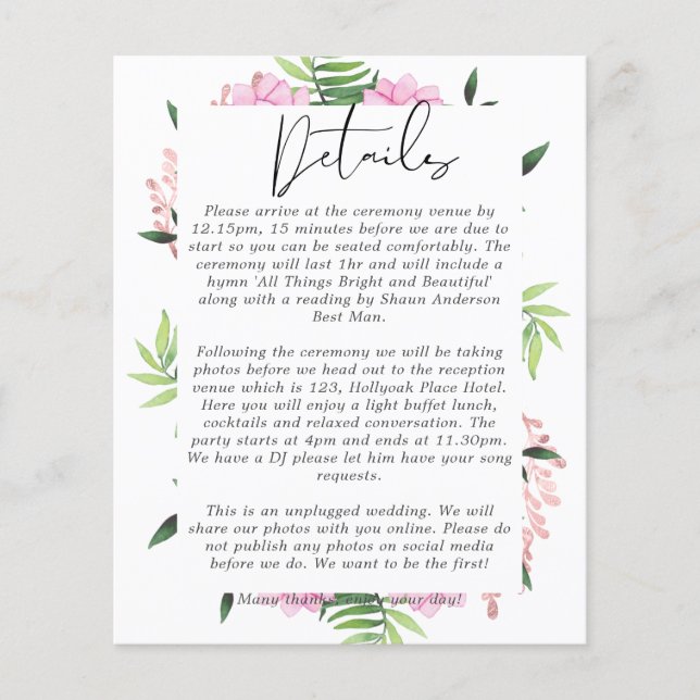 Pink Blush Mint Wedding Details Enclosure Cards (Front)