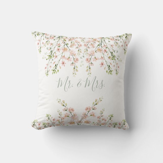 Pink Blush Mr and Mrs Floral Name Wildflowers Cushion (Front)