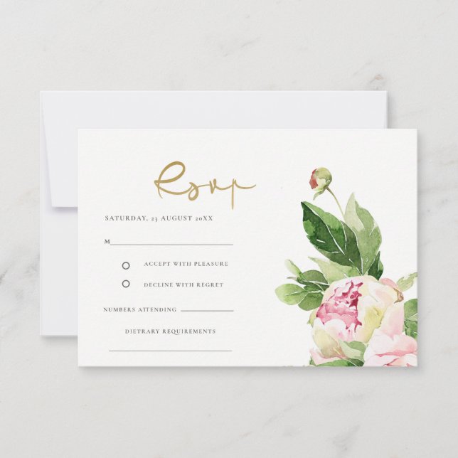 Pink Blush Peony Floral Watercolor Wedding Rsvp Card (Front)