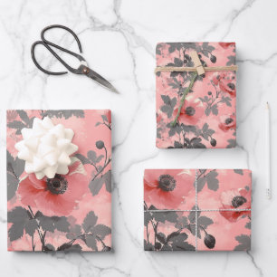 Pink, blush poppy flower pattern wrapping paper sheet