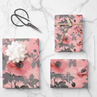 Pink, blush poppy flower pattern wrapping paper sheet