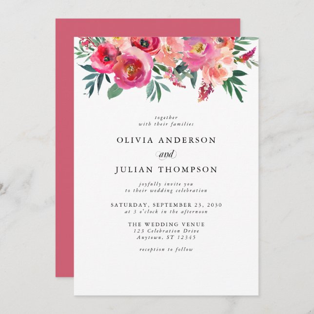 Pink Blush & Red Floral Watercolor Wedding Invitation (Front/Back)