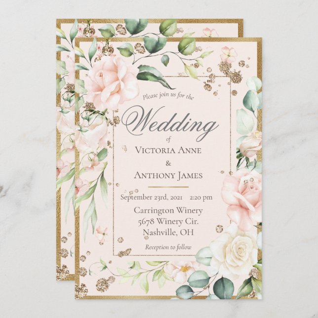 Pink Blush Romantic Floral Wedding Invitation (Front/Back)