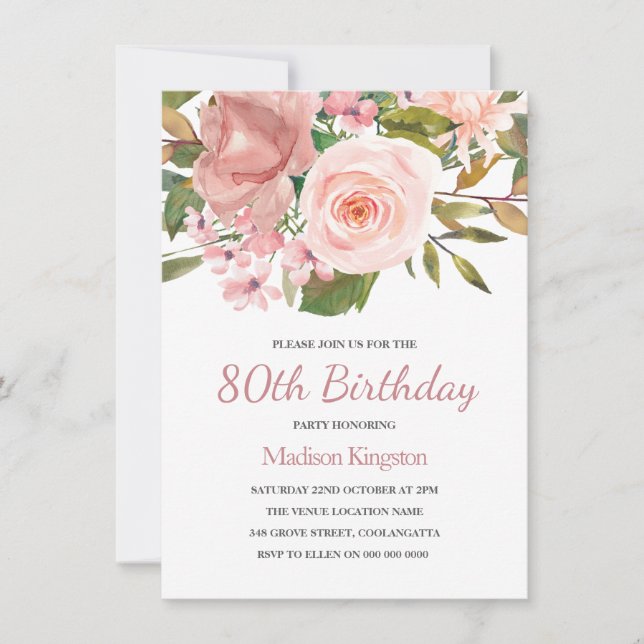 Pink Blush Rose Gold 80th Birthday Party Invite (Front)