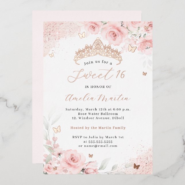 Pink Blush Rose Gold Butterfly Sweet 16    (Front/Back)