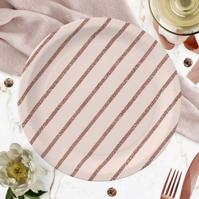 Pink Blush Rose Gold Glitter Stripe Pattern Paper Plate (Creator Uploaded)