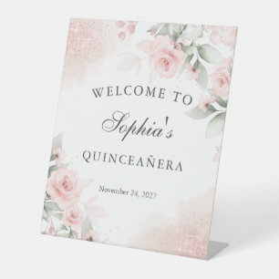 Pink Blush Rose Quinceanera Welcome  Pedestal Sign
