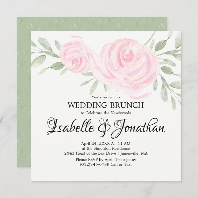 Pink Blush Rose Wedding Brunch Invitations (Front/Back)