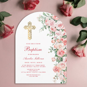 Pink Blush Roses Arch Baptism Invitation