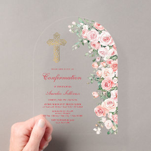 Pink Blush Roses Arch Confirmation Acrylic Invitations