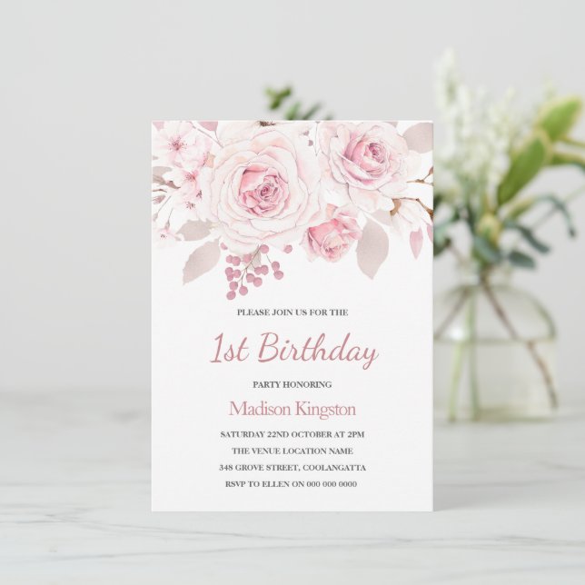 Pink Blush Roses Elegant Girls 1st Birthday Party Invitation (Standing Front)