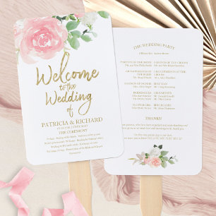 Pink Blush Roses Floral Gold Wedding Program Hand Fan