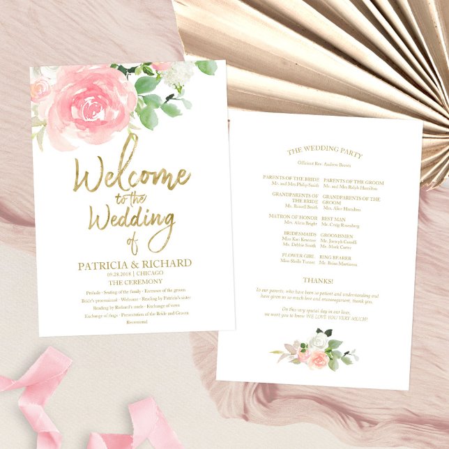 Pink Blush Roses Floral Gold Wedding Program Invitation (Creator Uploaded)