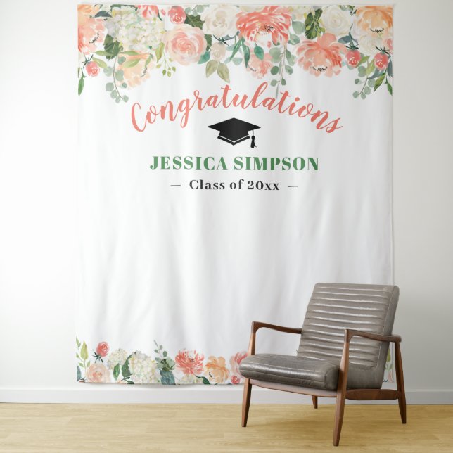 Pink Blush Roses Floral Graduation Photo Backdrop Tapestry (In Situ)