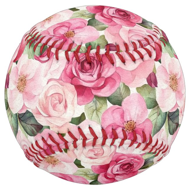 Pink Blush Roses Green Leaves Softball (Front)