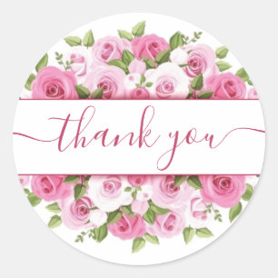 Pink blush roses thank you classic round sticker