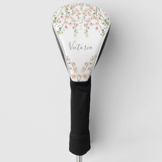 Pink Blush Sage Floral Name Script Wildflowers  Golf Head Cover (Front)
