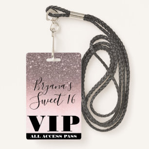 Pink Blush Silver Glitter Glam Sweet 16 VIP Pass ID Badge