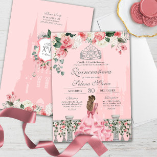 Pink Blush Silver Tiara Royal Princess Quinceañera Invitation