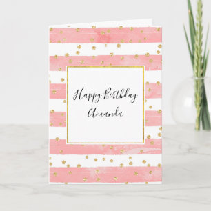 Pink Blush Stripes & Faux Gold Confetti Birthday Card