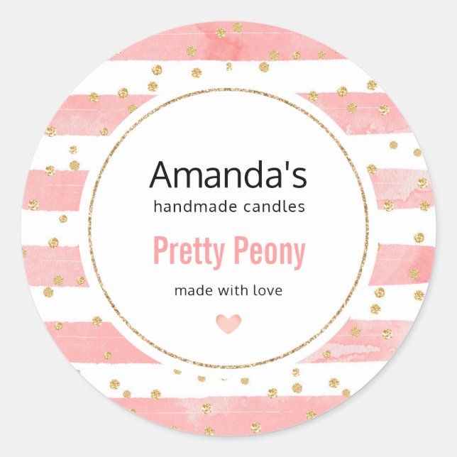 Pink Blush Stripes | Faux Gold Confetti Candle Classic Round Sticker (Front)