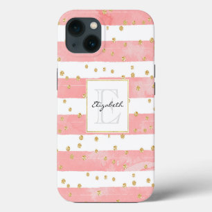 Pink Blush Stripes Faux Gold Confetti iPhone 13 Case