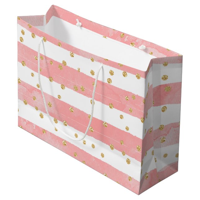 Pink Blush Stripes | Faux Gold Confetti Large Gift Bag (Front Angled)