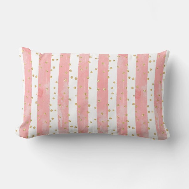 Pink Blush Stripes | Faux Gold Confetti Lumbar Cushion (Front)