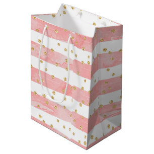Pink Blush Stripes Faux Gold Confetti Medium Gift Bag