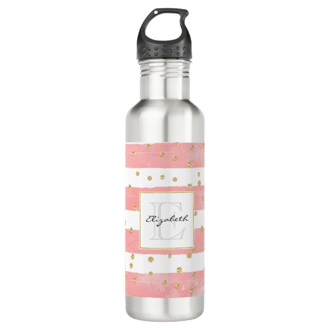 Pink Blush Stripes | Faux Gold Confetti Monogram 710 Ml Water Bottle (Front)
