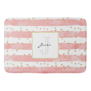 Pink Blush Stripes   Faux Gold Confetti Monogram Bath Mat