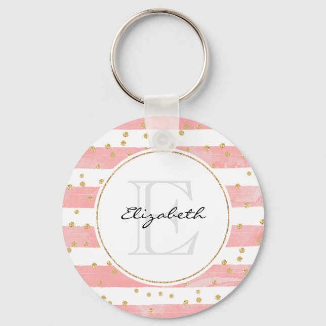 Pink Blush Stripes | Faux Gold Confetti Monogram Key Ring (Front)