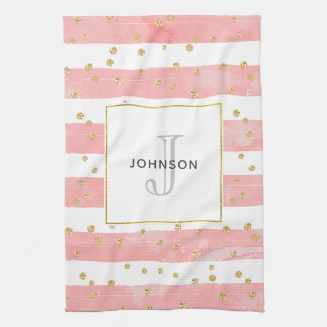  Pink Blush Stripes | Faux Gold Confetti Monogram Tea Towel (Vertical)