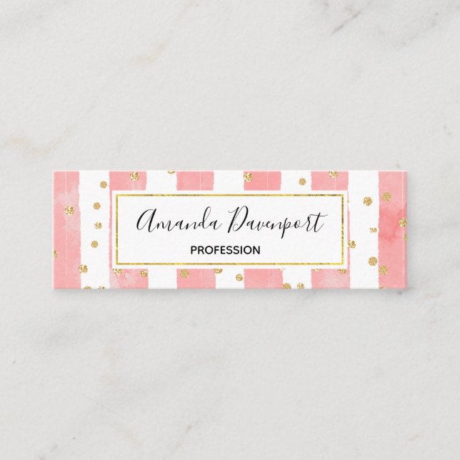 Pink Blush Stripes with Faux Gold Confetti Mini Business Card (Front)