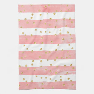 Pink Blush Stripes with Faux Gold Confetti Tea Towel