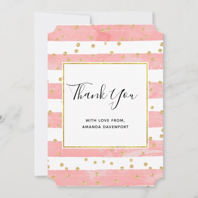 Pink Blush Stripes with Gold Confetti Thank You Card (Front)
