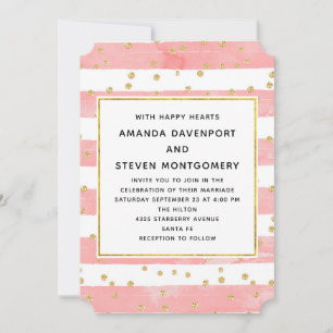 Pink Blush Stripes with Gold Confetti Wedding Invitation