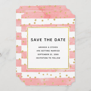 Pink Blush Stripes with Gold Confetti Wedding Save The Date