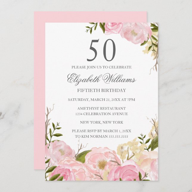 Pink Blush Watercolor Floral 50th Birthday Invite (Front/Back)
